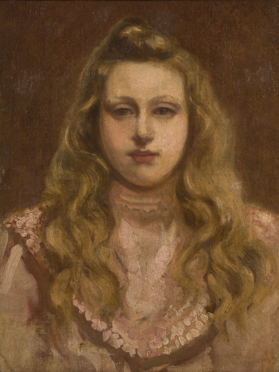 Belgische School, 1900, Een portret van een meisje in roze jurk.