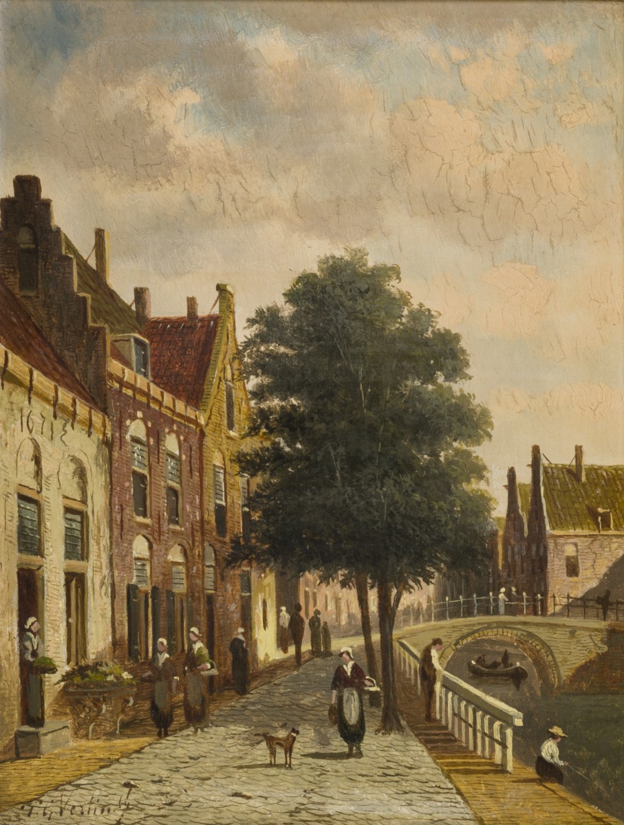 Naar PG Vertin (Den Haag 1819 - 1893), Gezicht op een grachtje te Delft.