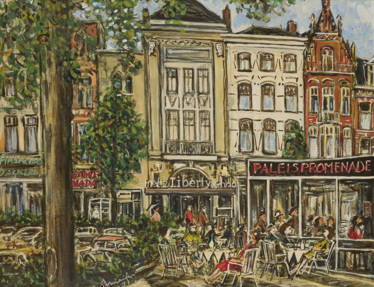 Hollandse School, 20e eeuw, Gezicht op de terrassen van de Paleispromenade en de Liberty Metz & Co shop te Den Haag.