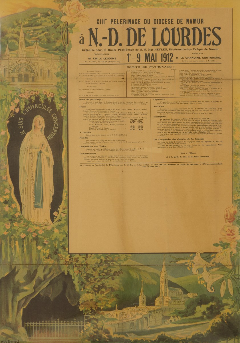 Een lithografie met aankondiging van een Pelgrimage naar Lourdes vertrekkend vanuit Namen, België op 1-9 mei 1912.