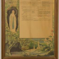 Een lithografie met aankondiging van een Pelgrimage naar Lourdes vertrekkend vanuit Namen, België op 1-9 mei 1912.