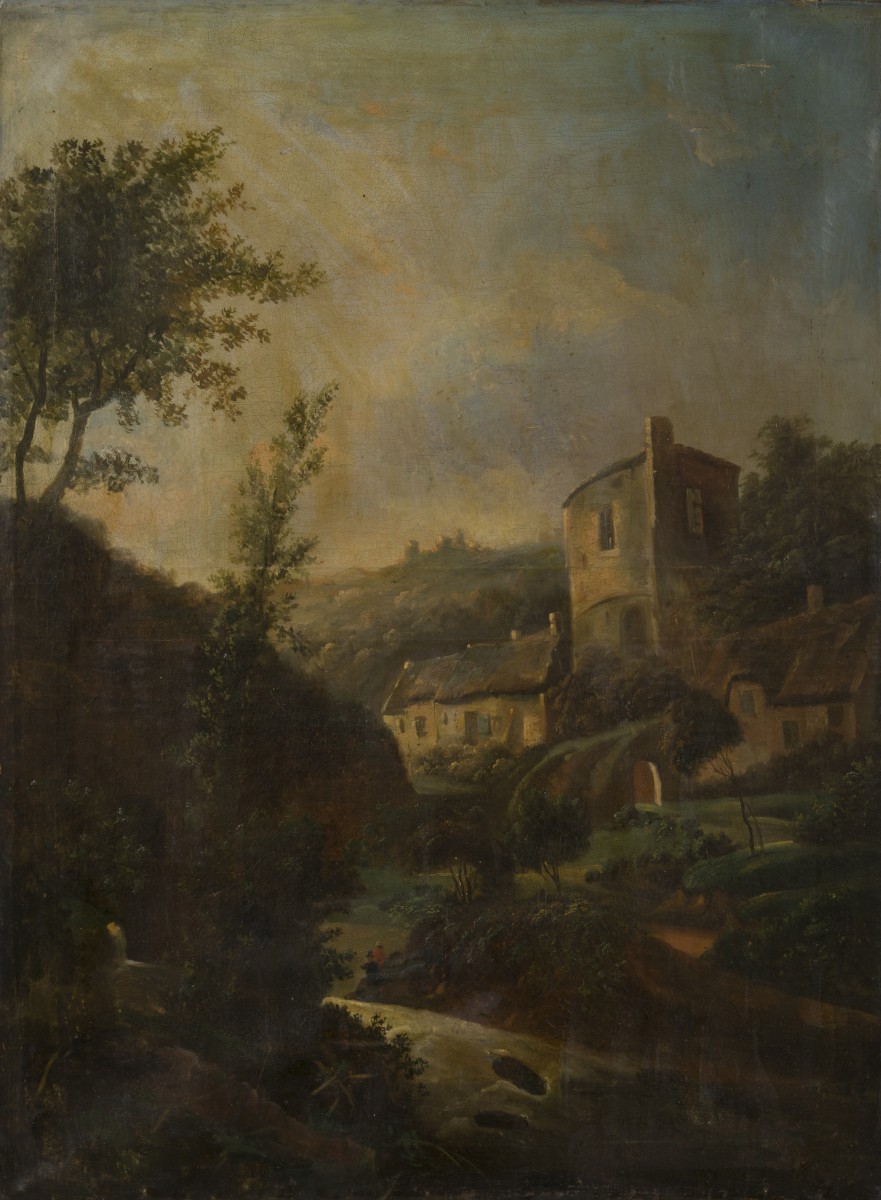 Itliaanse School ca. 1800. Een beekje door een rotsachtig landschap