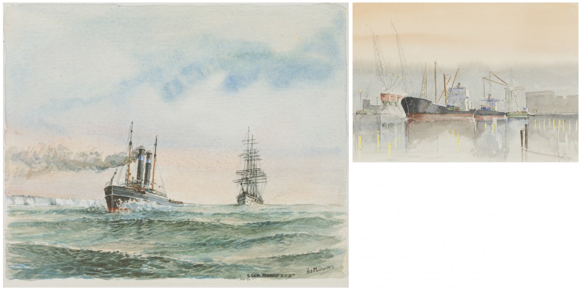 Ad M. Oudes, 20e eeuw, Een stoomsleper en een klipper op de Roode Zee; Geer Rokes, 20e eeuw, Een aquarel van een containerschip aan de kade. (2x)