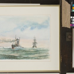 Ad M. Oudes, 20e eeuw, Een stoomsleper en een klipper op de Roode Zee; Geer Rokes, 20e eeuw, Een aquarel van een containerschip aan de kade. (2x)