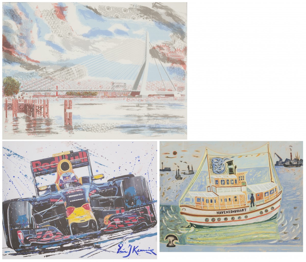 Een lot bestaande uit drie kunstwerken waaronder een zeefdruk van de Erasmusbrug, een aquarel en een zeefdruk van een formule 1 auto.