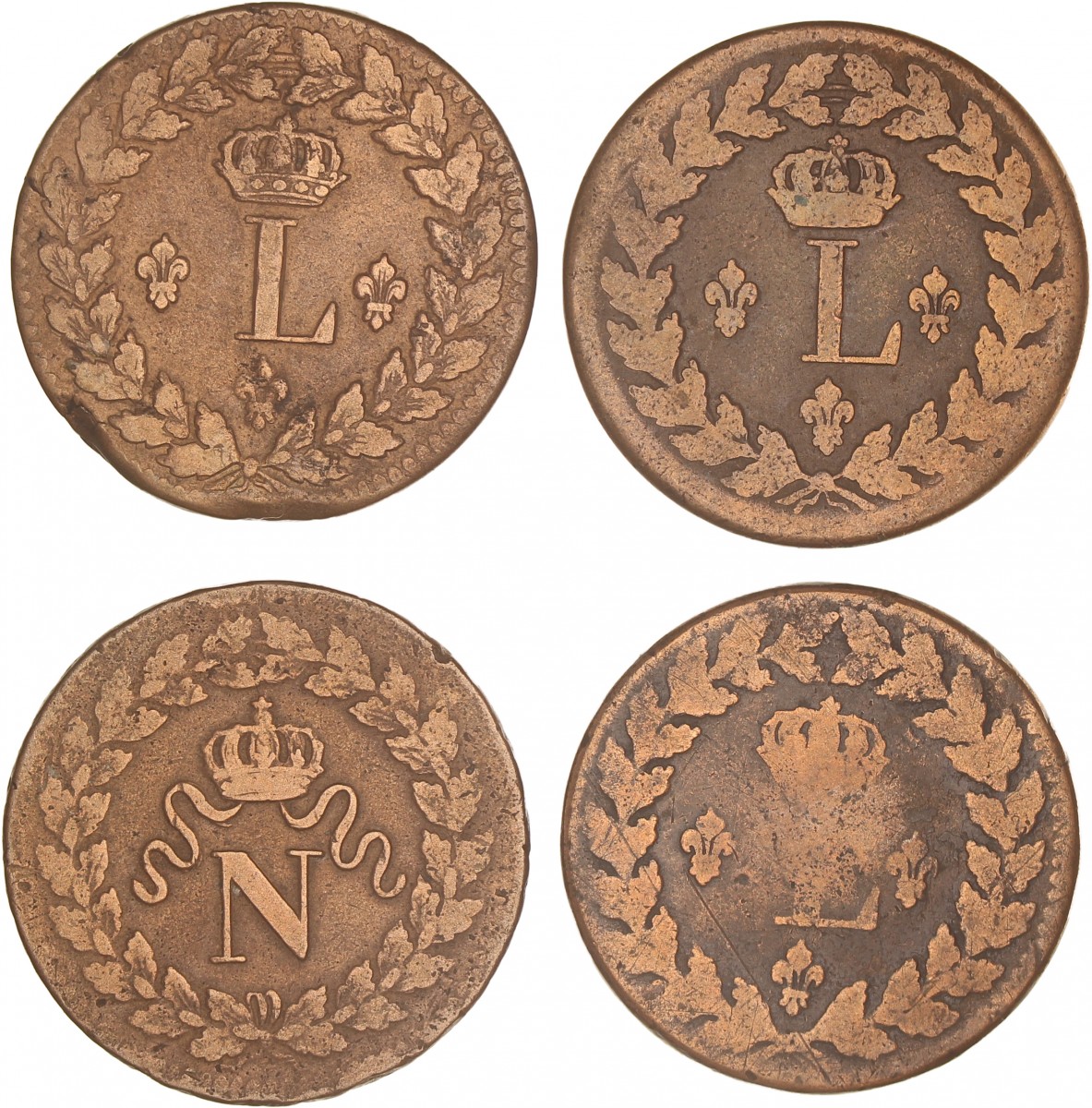 France. Napoleon and Louis XVIII. Lot (4) Decime. 1814 and 1815 BB.