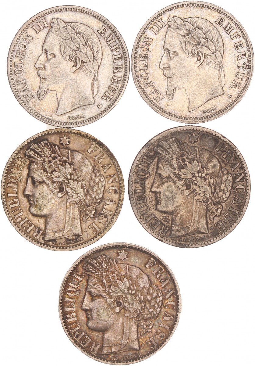 France. Lot (5) 2 Francs. 1867 BB, 1868 A, 1871 A, 1887 A and 1895 A.