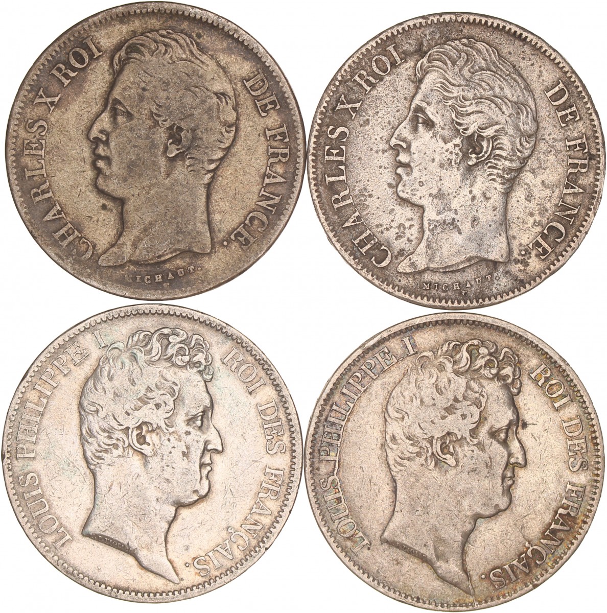 France. Second kingdom. Louis Philippe I. Lot (4) 5 Francs. 1827 A, 1828 D, 1830 A and 1830 B.