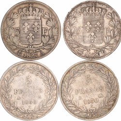 France. Second kingdom. Louis Philippe I. Lot (4) 5 Francs. 1827 A, 1828 D, 1830 A and 1830 B.