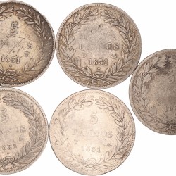 France. Second kingdom. Louis Philippe I. Lot (5) 5 Francs. 1831 A, D, K, T and W.