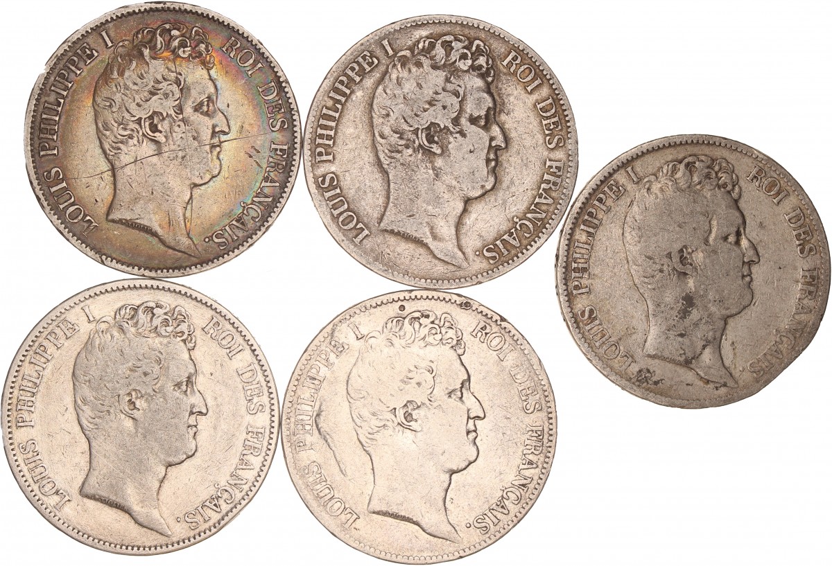 France. Second kingdom. Louis Philippe I. Lot (5) 5 Francs. 1831 A, D, K, T and W.