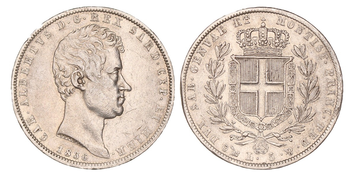 Italian states. Sardinia (Genoa). Carlo Alberto. 5 Lire. 1836 P.