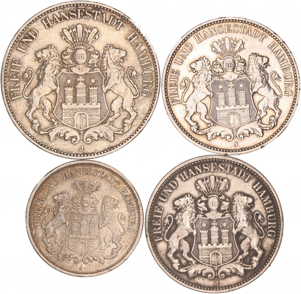 German states. Hamburg. Lot (4) 2, 3 and 5 Mark. 1901, 1904, 1911 and 1912.