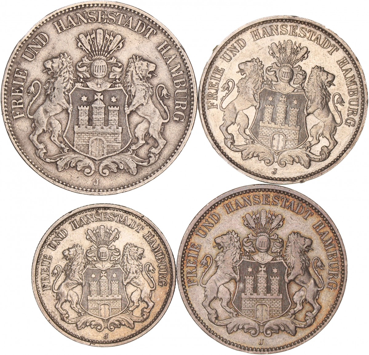 German states. Hamburg. Lot (4) 5, 3 and 2 Mark. 1904, 09, 10 and 13.