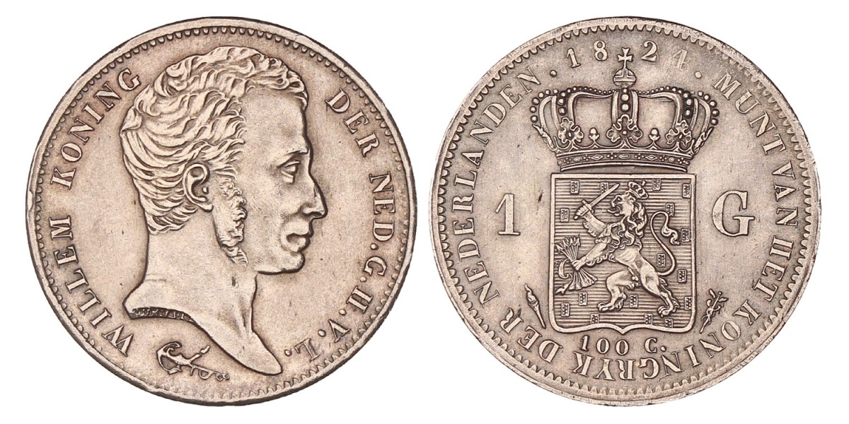 1 Gulden. Willem I. 1824 U met streep. Prachtig / UNC.