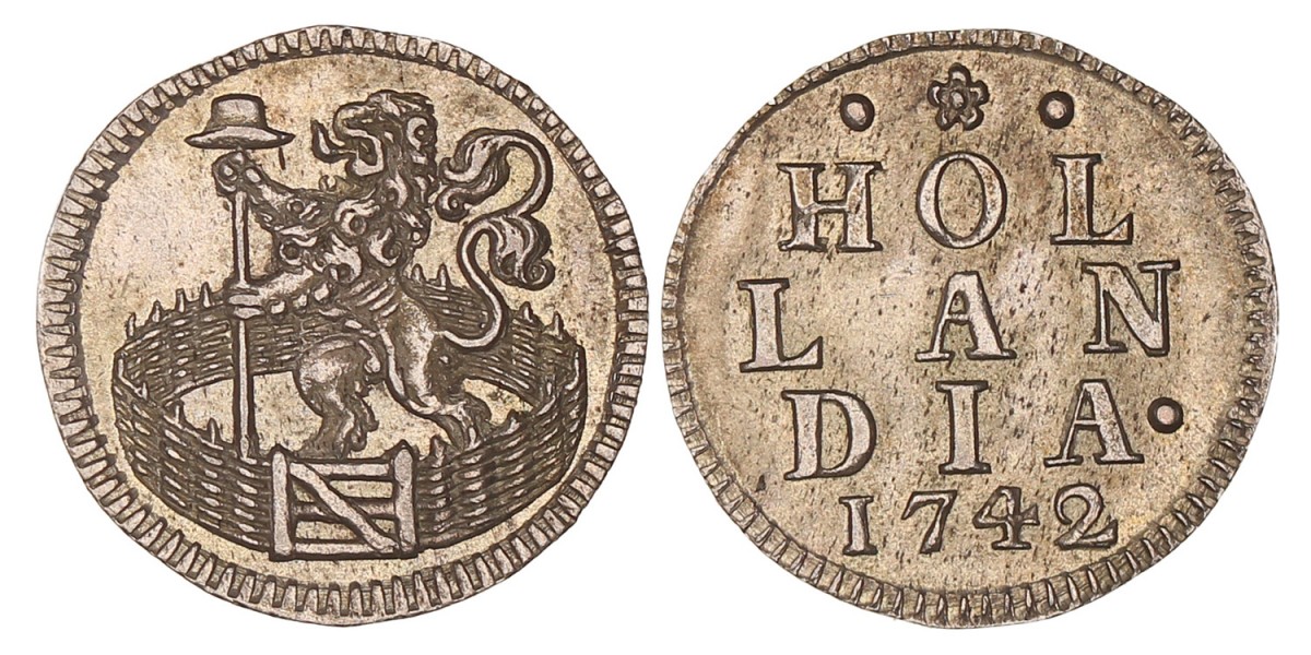 Duit. Zilveren afslag. Holland. 1742. Prachtig.