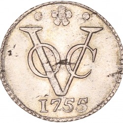 Duit. Zilveren afslag. V.O.C. (Holland). 1755. Zeer Fraai.