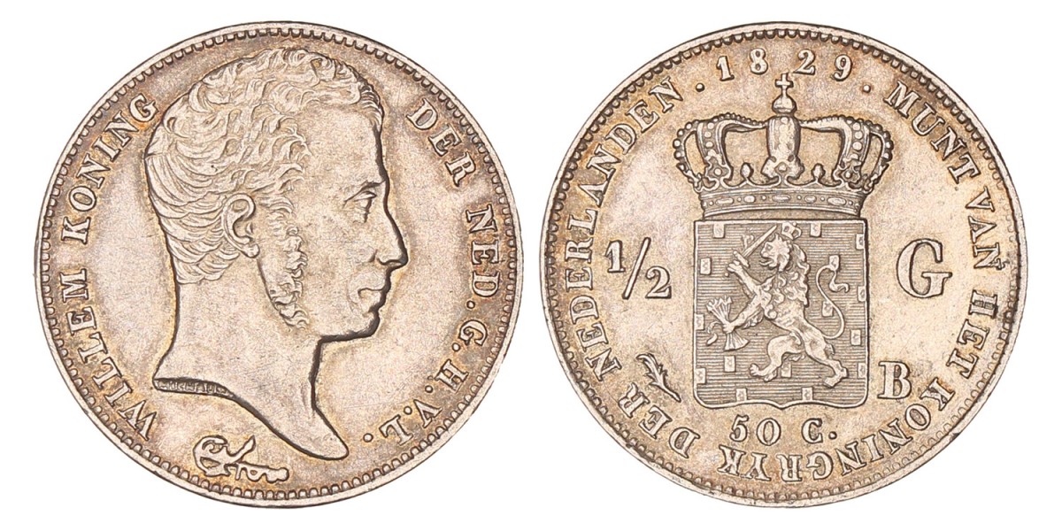 ½ Gulden. Willem I. 1829/23 B. Zeer Fraai +.