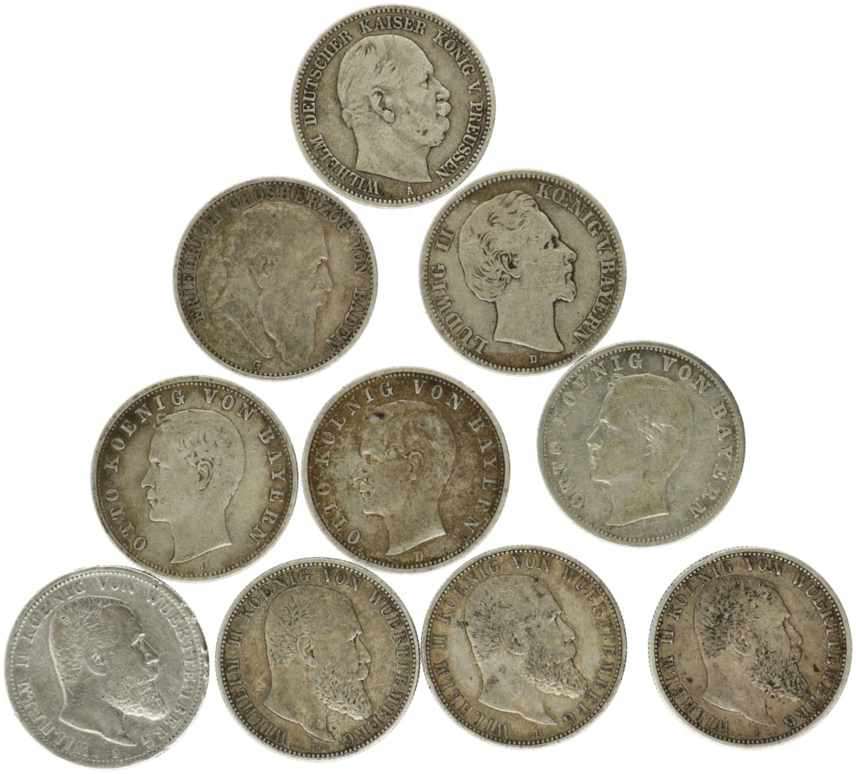 German states. Lot (10) 2 Mark. 1876, 1903, 1904, 1906 and 1908.