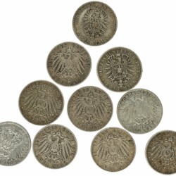 German states. Lot (10) 2 Mark. 1876, 1903, 1904, 1906 and 1908.