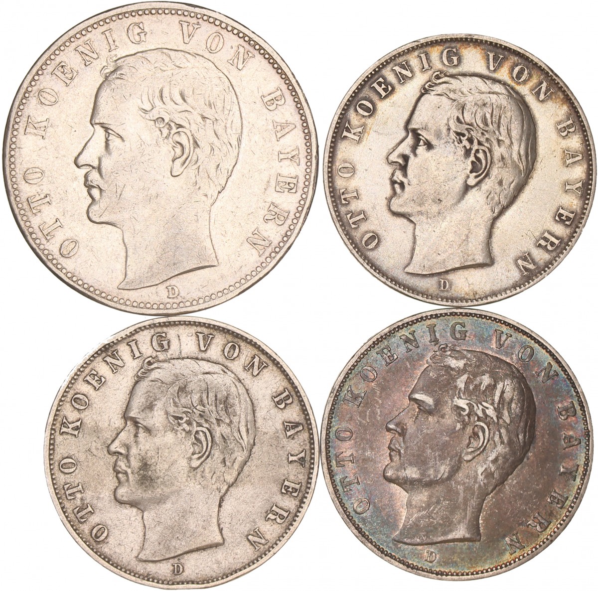 German states. Bavaria. Otto I. Lot (4) 3 and 5 Mark. 1907, 1909, 1910 and 1913.