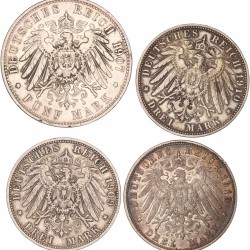 German states. Bavaria. Otto I. Lot (4) 3 and 5 Mark. 1907, 1909, 1910 and 1913.
