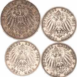 German states. Bavaria. Otto I. Lot (4) 5 and 3 Mark. 1908, 1909 and 1911.