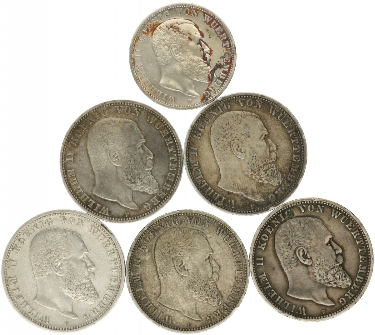 German states. Württemberg. Wilhelm II. Lot (6) 5 and 3 Mark. 1898, 1903, 1907 and 1913.