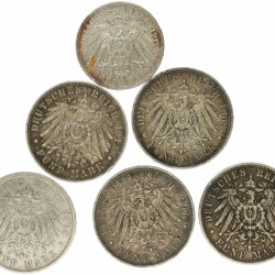 German states. Württemberg. Wilhelm II. Lot (6) 5 and 3 Mark. 1898, 1903, 1907 and 1913.