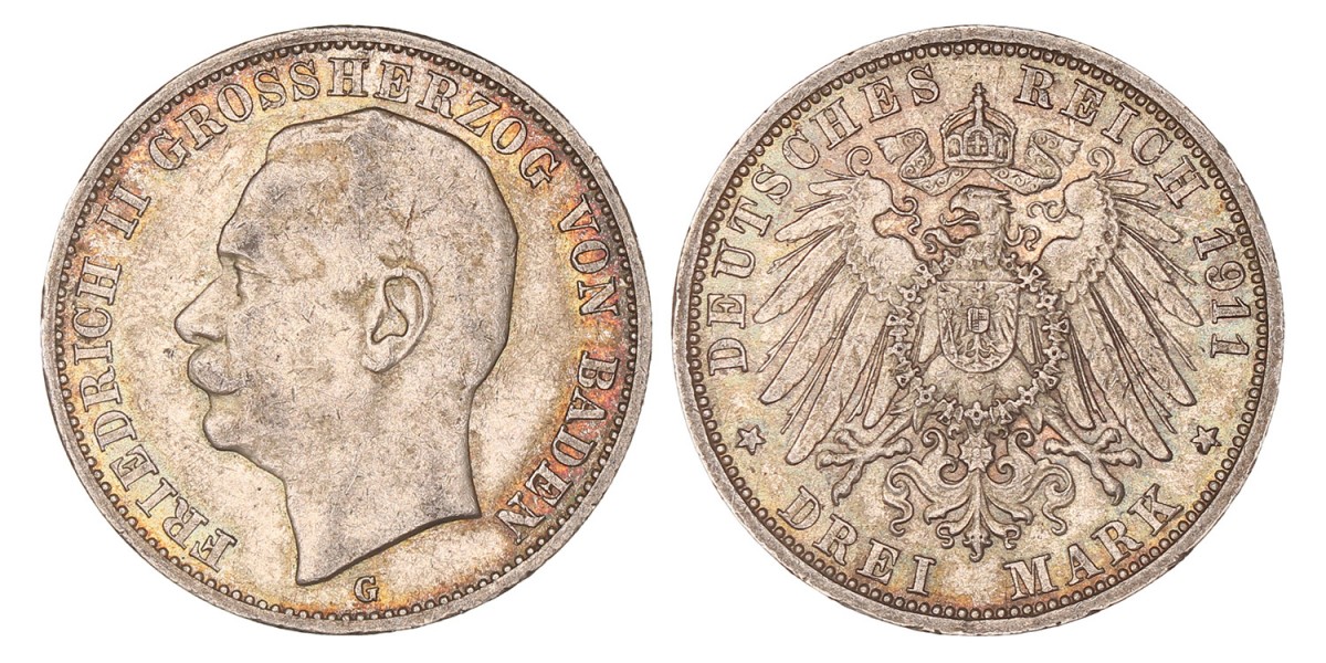 German states. Baden. Friedrich III. 3 Mark. 1911 G.