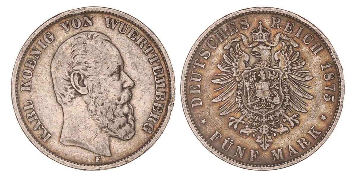 German states. Württemberg. Karl I. 5 Mark. 1875 F.