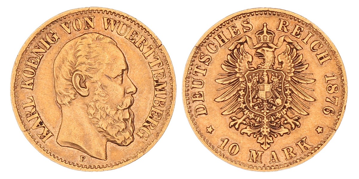 German states. Württemberg. Karl I. 10 Mark. 1876 F.