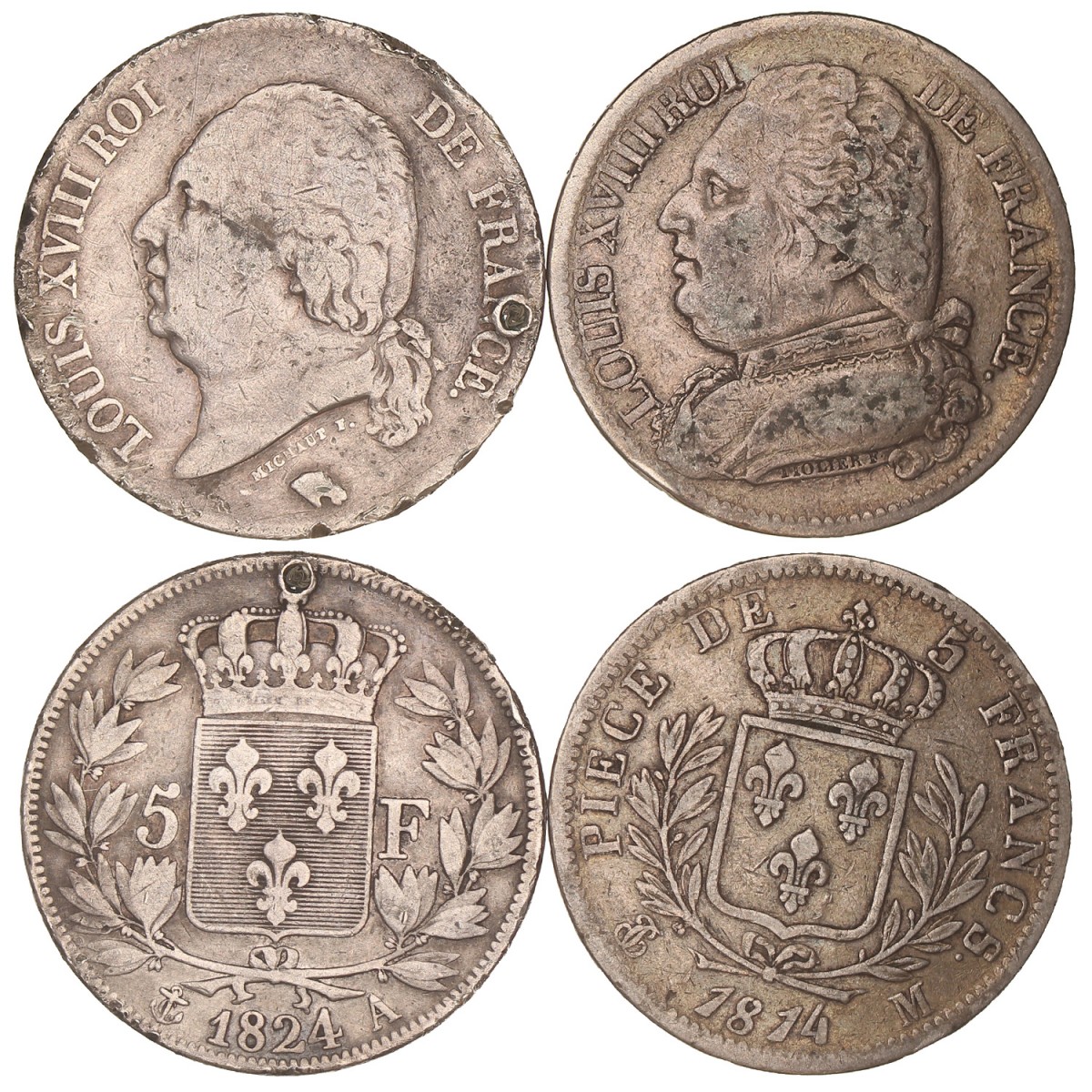France. Second kingdom. Louis XVIII. Lot (2) 5 Francs. 1814 M and 1824 A.