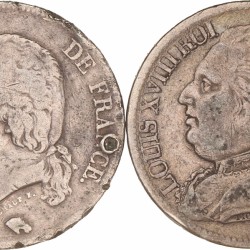 France. Second kingdom. Louis XVIII. Lot (2) 5 Francs. 1814 M and 1824 A.