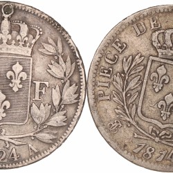 France. Second kingdom. Louis XVIII. Lot (2) 5 Francs. 1814 M and 1824 A.