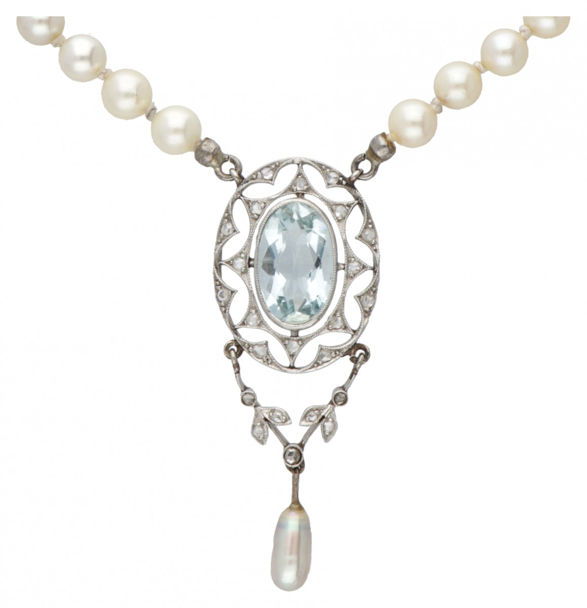 Art deco parelcollier met platina hanger bezet met ca. 2.20 ct. aquamarijn en roos geslepen diamant.