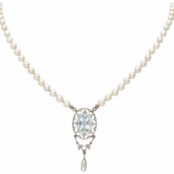 Art deco parelcollier met platina hanger bezet met ca. 2.20 ct. aquamarijn en roos geslepen diamant.