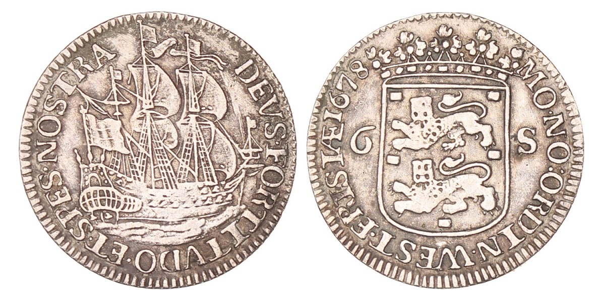 Scheepjesschelling van 6 stuiver. Enkhuizen. 1678. Zeer Fraai.
