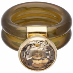 18 kt. Geelgouden solitair ring vervaardigd uit groene silicoon bezet met ca. 4.78 ct. citrien.