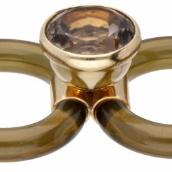 18 kt. Geelgouden solitair ring vervaardigd uit groene silicoon bezet met ca. 4.78 ct. citrien.