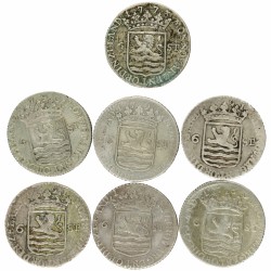 Lot (7) Scheepjesschelling van 6 stuiver. Zeeland. 1773, 1780, 1790, 1791 en 1792. Gemiddeld Zeer Fraai.