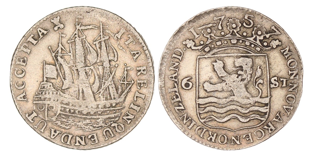 Scheepjesschelling van 6 stuiver. Zeeland. 1757. Fraai / Zeer Fraai.