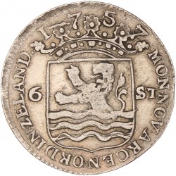 Scheepjesschelling van 6 stuiver. Zeeland. 1757. Fraai / Zeer Fraai.