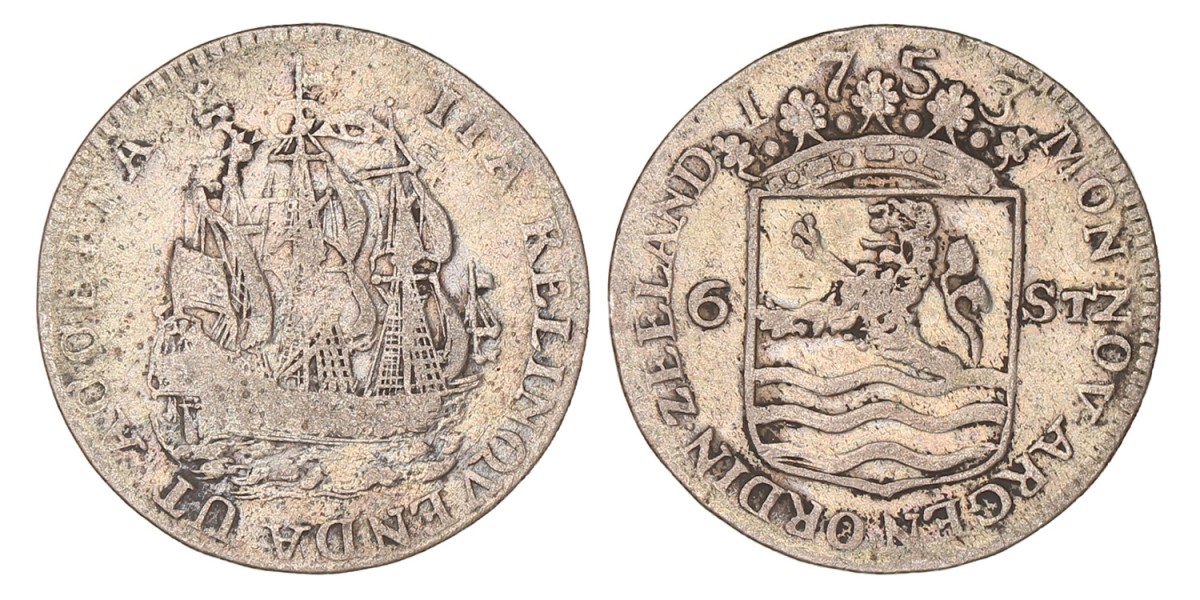 Scheepjesschelling van 6 stuiver. Zeeland. 1753. Fraai / Zeer Fraai.