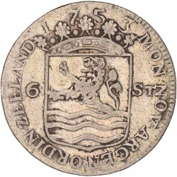 Scheepjesschelling van 6 stuiver. Zeeland. 1753. Fraai / Zeer Fraai.