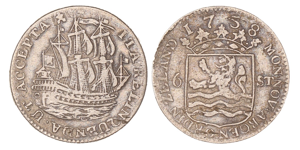 Scheepjesschelling van 6 stuiver. Zeeland. 1758. Zeer Fraai -.