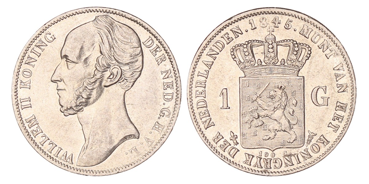 1 Gulden. Willem II. 1845 zonder streep. Prachtig / UNC.