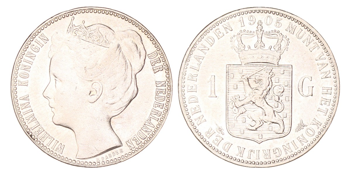 1 Gulden. Wilhelmina. 1905. Zeer Fraai +.