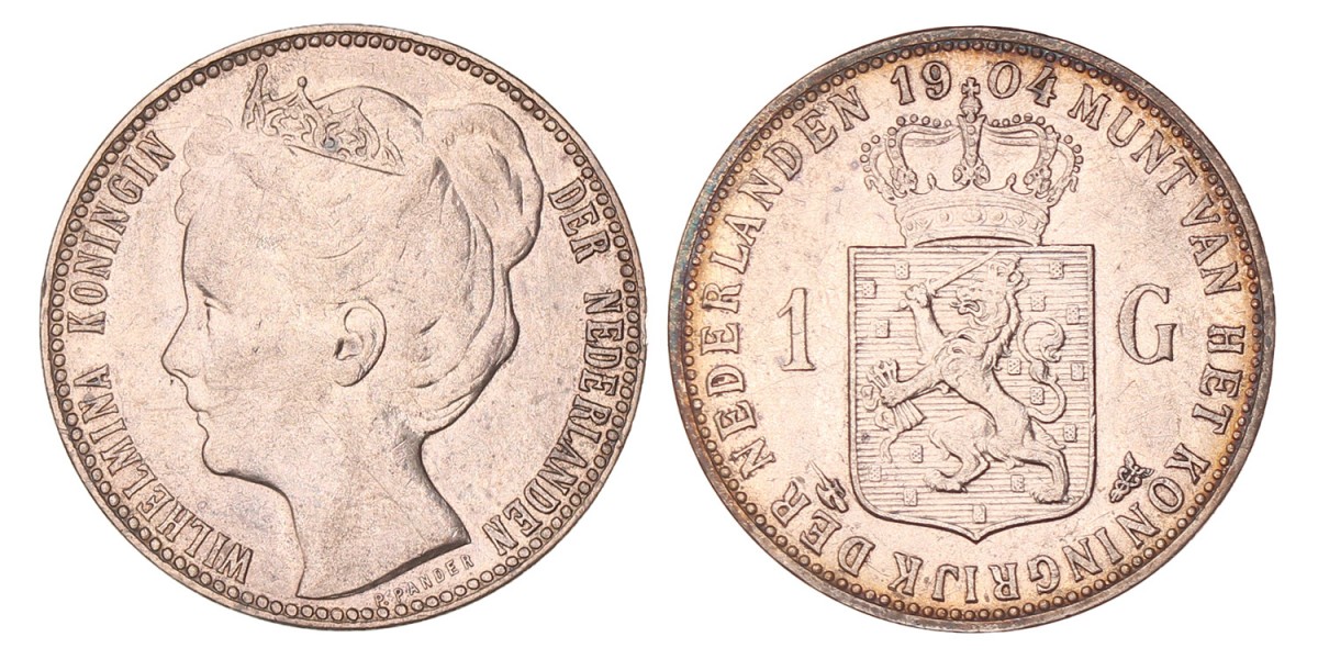 1 Gulden. Wilhelmina. 1904. Zeer Fraai +.