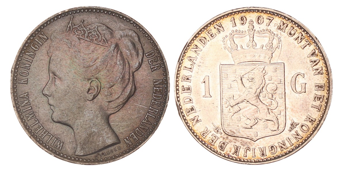 1 Gulden. Wilhelmina. 1907. Zeer Fraai / Prachtig.